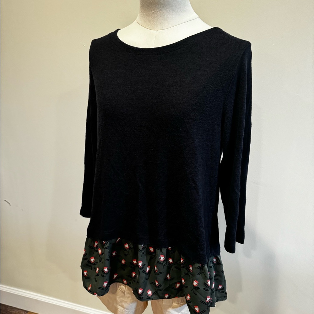 LOFT Black Blouse with Green Patterned Hem